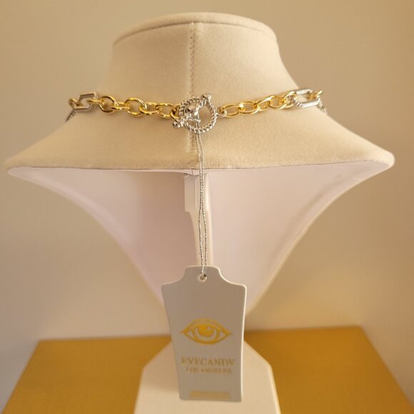 Silver and Gold Tone Necklace with Rhinestones. Glass Crystals. Toggle Clasp. - Picture 8 of 12